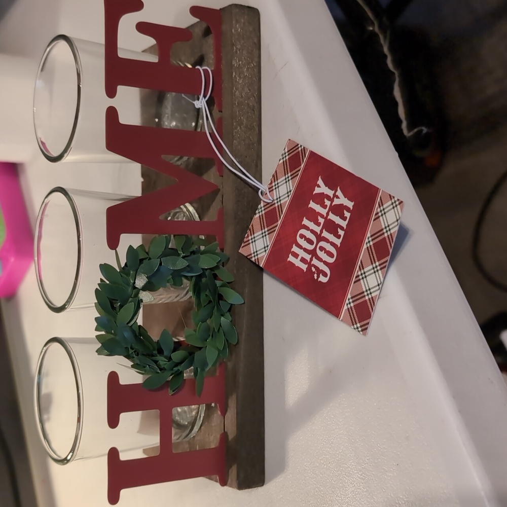 Holly Jolly "HOME" 3 VOTIVE CANDLE HOLDER WITH WREATH